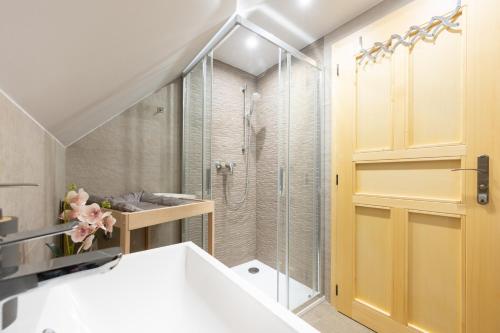 a bathroom with a shower and a white sink at Chaloupka u Borovků in Vyskeř