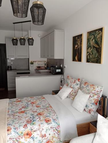 a bedroom with a large bed and a kitchen at Elbląg Stare Miasto Bulvar, Old Town, Snake in Elblag
