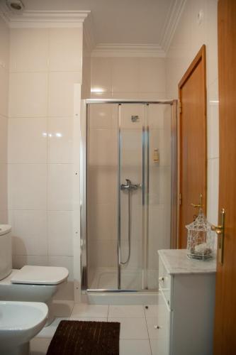 a bathroom with a shower and a toilet and a sink at Quinta da Caselinha in Paredes de Coura