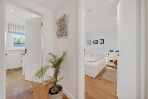 a living room with white walls and a palm tree at Strandwächter in Hörnum