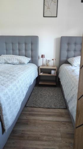 two beds sitting next to each other in a bedroom at Apartman Noemi in Apševci