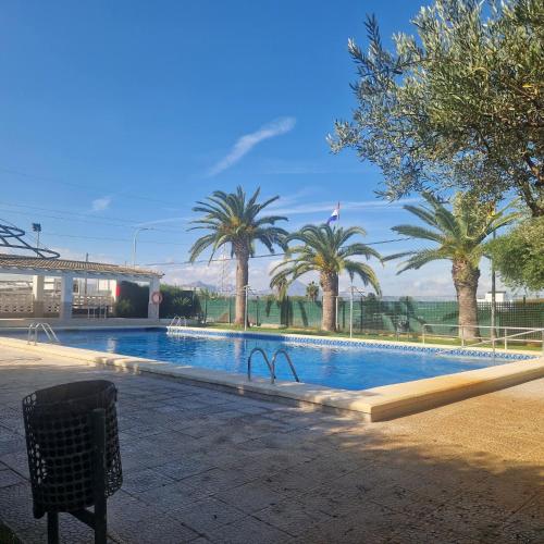 a swimming pool with palm trees and a bridge at Caravana Camping Coelius in Miramar