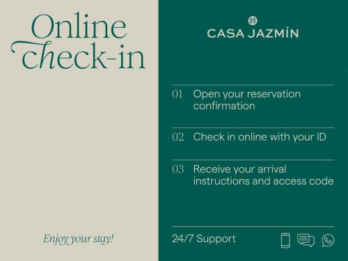 a screenshot of the online check in website with the text open your reservation at Casa Jazmin by Blossom Hotels in Granada
