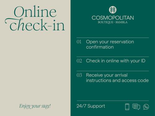 a brochure for online check in with the text open your reservation confirmation at Cosmopolitan Boutique Rambla by Blossom Hotels in Barcelona
