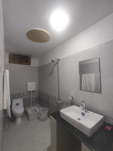 a bathroom with a sink and a toilet at Hill View Hotel in Astor