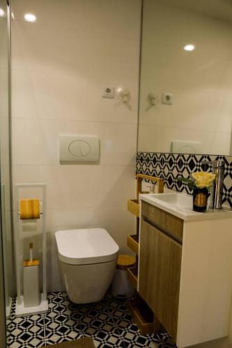 a bathroom with a toilet and a sink and a mirror at Casa Ponte de São Gonçalo in Amarante