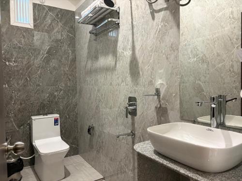 a bathroom with a sink and a toilet at Hotel Royal Ashoka in Rājgīr