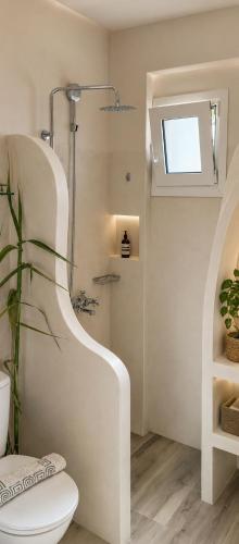 a bathroom with a shower with a toilet and a window at Althea Villas by breathtaking view in Agios Nikolaos