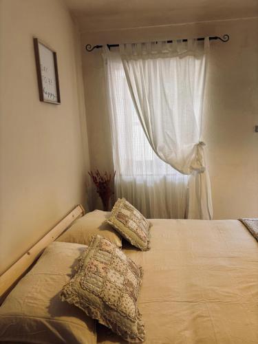 ein Bett mit zwei Kissen vor einem Fenster in der Unterkunft OmniViso in Crissolo