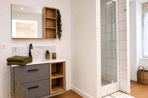a bathroom with a sink and a shower at L'Échappée du Canal in Roanne