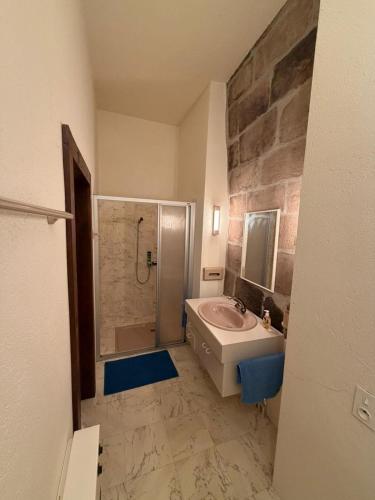 a bathroom with a sink and a shower and a toilet at Château de Savigny - Suite Eau in Savigny