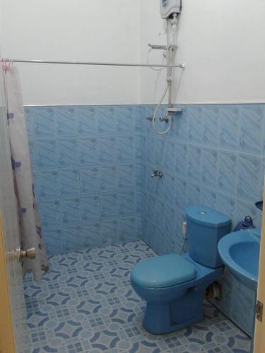 a bathroom with a blue toilet and a sink at White Elephant Hotel in Maskeliya