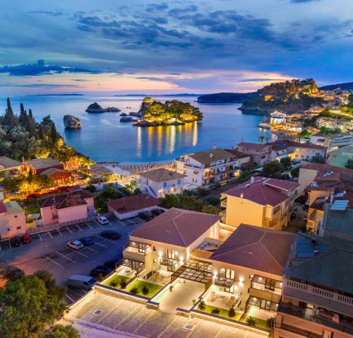 an aerial view of a town with a body of water at Parga Gem P in Parga