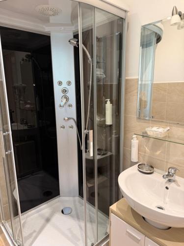 a bathroom with a shower and a sink at Appartamenti Camere Schaefer in Tarvisio