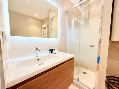 a bathroom with a sink and a shower at Appartement 2 prsn Proche Gare Viotte in Besançon
