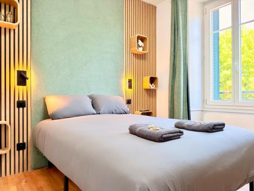 a bedroom with a large bed with two pillows on it at Appartement 2 prsn Proche Gare Viotte in Besançon