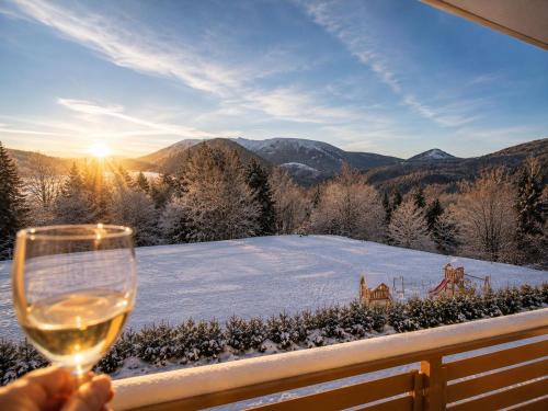a person holding a glass of wine on a balcony with snow at Ski IN-OUT Apartmán Donovaly in Donovaly