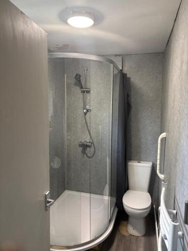 a bathroom with a toilet and a glass shower at Hunters lodge in Blackpool