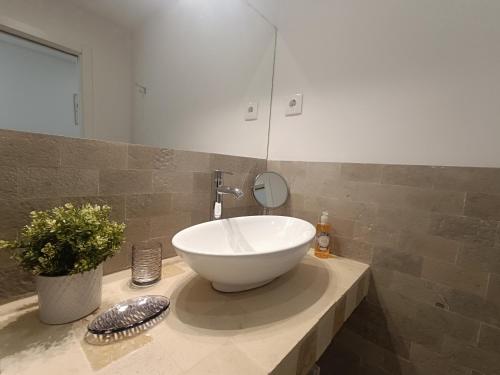 a bathroom with a large white bowl sink on a counter at Tomarhousing - Secret Garden in Tomar