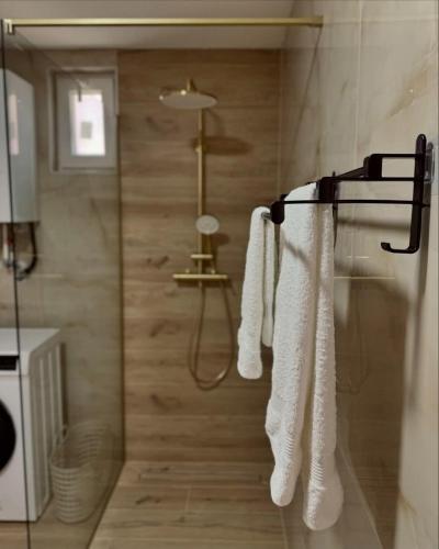 a bathroom with white towels hanging on a rack at Kuća za odmor Terra Marta in Đakovo