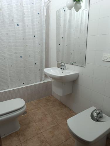a bathroom with a sink and a toilet and a mirror at El Rincon de Belen in Noriega