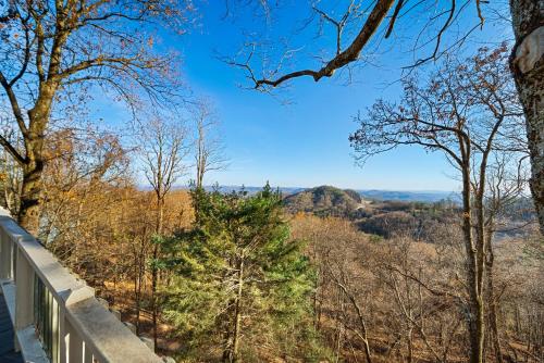 a view of the mountains from a balcony with a tree at Blowing Rock Skies in Lenoir