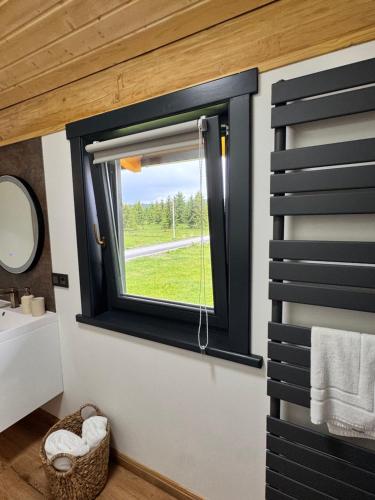 a bathroom with a window in a tiny house at Chalet Marilyn in Topliţa