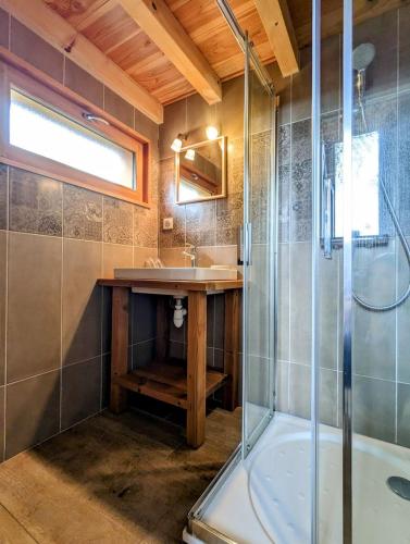 a bathroom with a shower and a sink and a tub at Ecogîte Les Papillons des Sucs in Saint-Maurice-de-Lignon