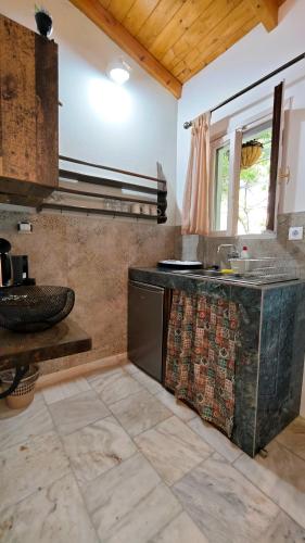 a kitchen with a stove and a counter top at Liokorni Village in Gaios