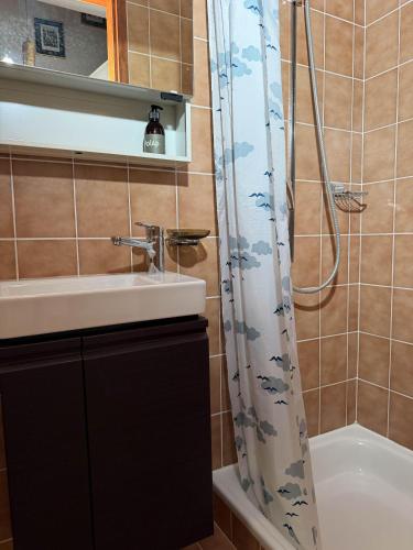 a bathroom with a sink and a shower curtain at Parco Esotico by HolAp SA in Brissago