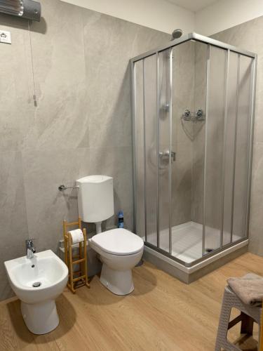 a bathroom with a shower and a toilet and a sink at Residenza Dei Castelli in Coredo