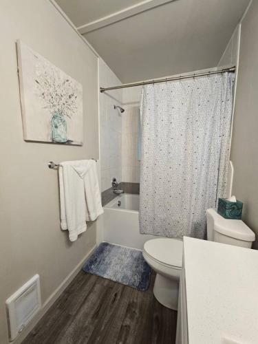 a white bathroom with a toilet and a shower at Lil Blue Dog Haven in Sagle