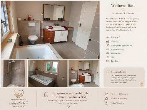 a collage of three pictures of a bathroom at Ferienappartment Alte Liebe in Poppenhausen