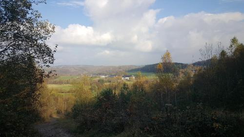 a dirt road in a field with mountains in the background at B&B Barvaux, Durbuy in Durbuy
