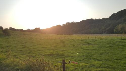 a field of green grass with a fence in the foreground at B&B Barvaux, Durbuy in Durbuy
