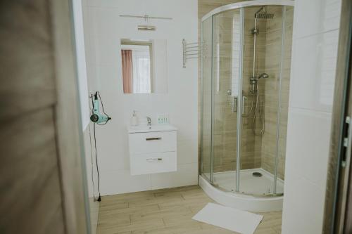 a bathroom with a shower and a sink at Cztery Kąty Zator Energylandia Przeciszów in Przeciszów