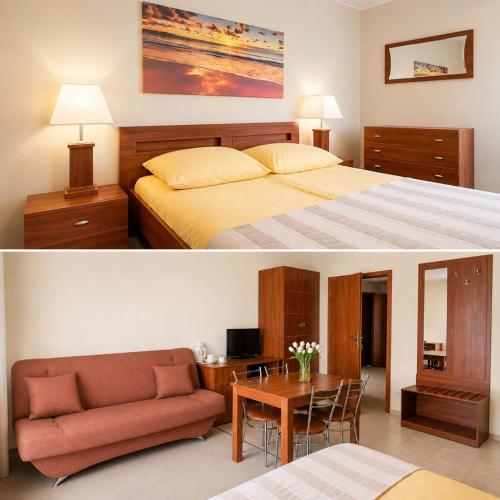 a hotel room with a bed and a table at Pensjonat Marynarski - Apartamenty in Darlowko