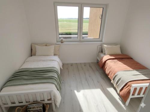 two beds sitting in a room with a window at Villa La Pollo in Senec