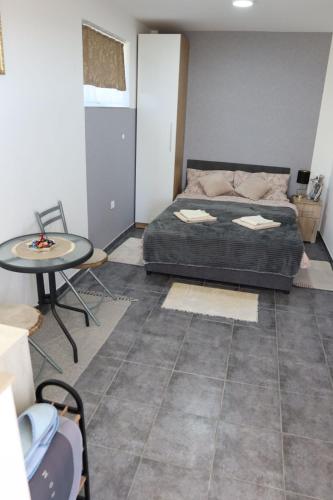 a bedroom with a bed and a table at Studio Apartman Treće Nebo in TrÅ¡iÄ‡