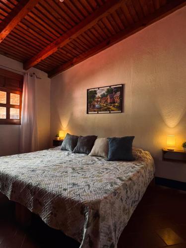 a bedroom with a large bed with two pillows on it at LA CASA DE DOÑA EMMA in Mazamitla