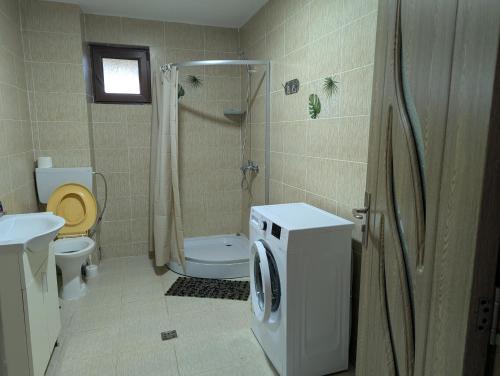 a bathroom with a shower toilet and a washing machine at Cazare Adda Body in Corbu