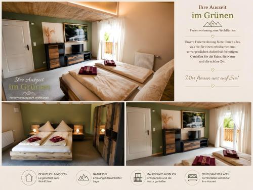 a collage of pictures of a room with two beds at Ferienappartment Alte Liebe in Poppenhausen