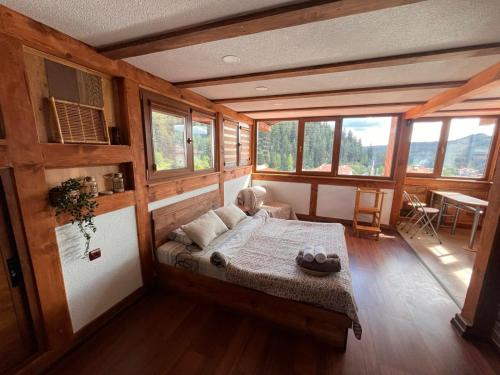 a bedroom with a bed in a room with windows at Guesthouse Classic in Dospat