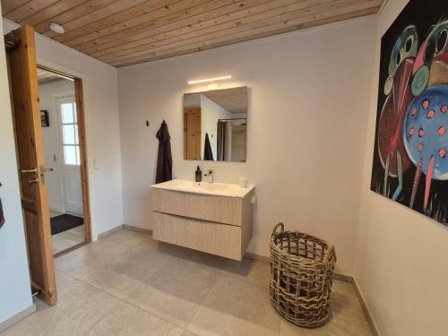 a bathroom with a sink and a mirror at Tranum B&B in Brovst