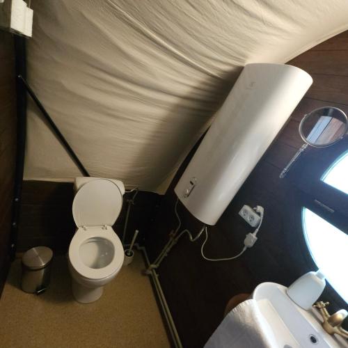 a bathroom with a white toilet and a sink at Várlak Glamping in Sub Cetate