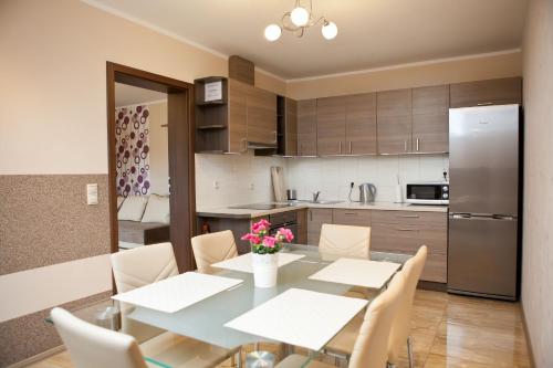 cocina y comedor con mesa y sillas en Apartamenty by Hanna, en Łeba