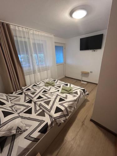 a bedroom with a bed with a black and white comforter at Raisa in Ocna Sibiului
