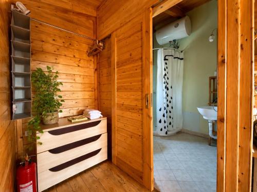a bathroom with wooden walls and a wooden door at Olive Grove in Anavyssos