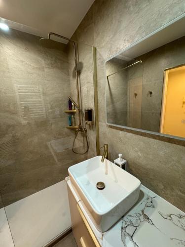 a bathroom with a sink and a shower and a mirror at French Riviera Chic Cocoon - pool, beach, parking in Antibes
