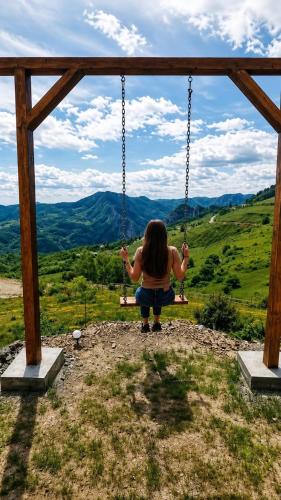 a woman sitting on a swing in the mountains at Cabana AxD in Cotorăşti